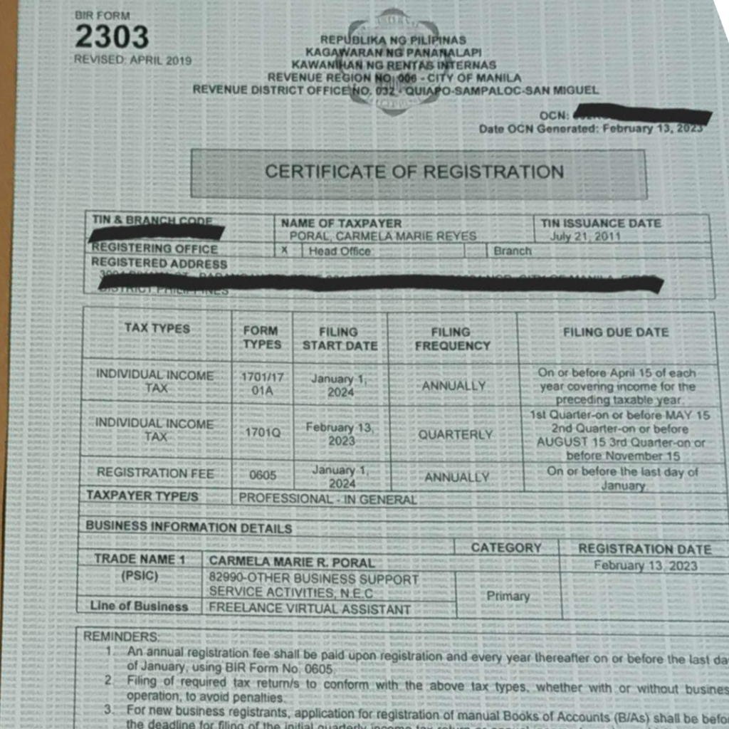 BIR Certificate of Registration for Virtual Assistant